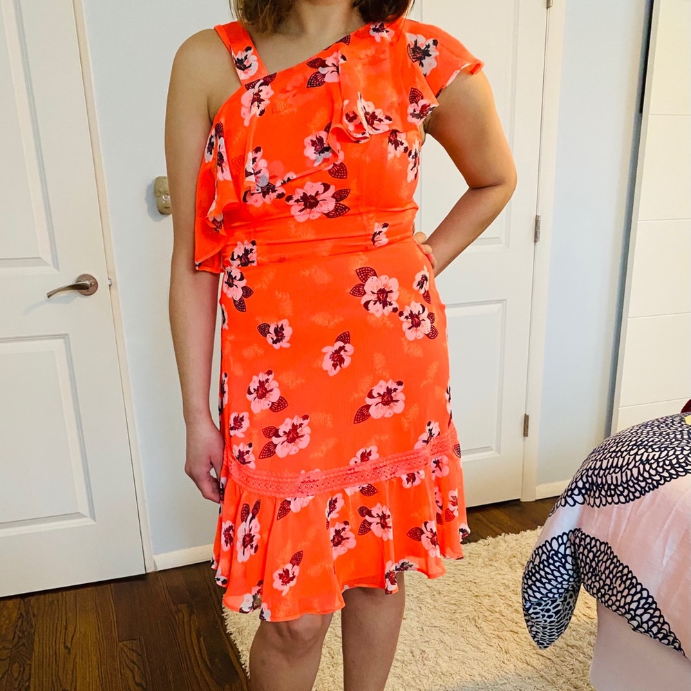 Express- Floral Print Asymmetrical Ruffle Dress